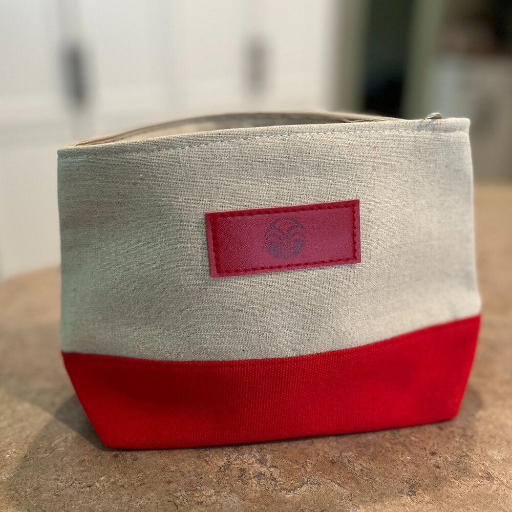 Nu Skin Canvas Cosmetic Makeup Bag: Red & Beige Travel Pouch (NEW)